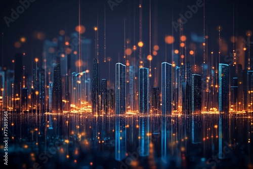 Abstract smart city scape, night light skyline, panoramic, wide angle, skyscrapers with a water reflection of the skyline