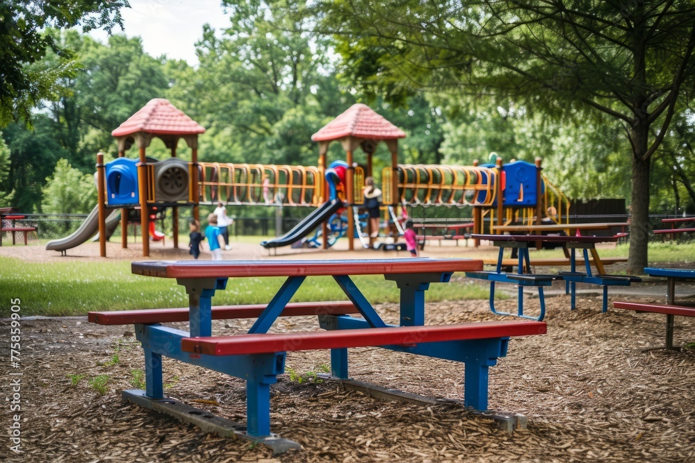 Recreational Park Area with Playground and Picnic Table