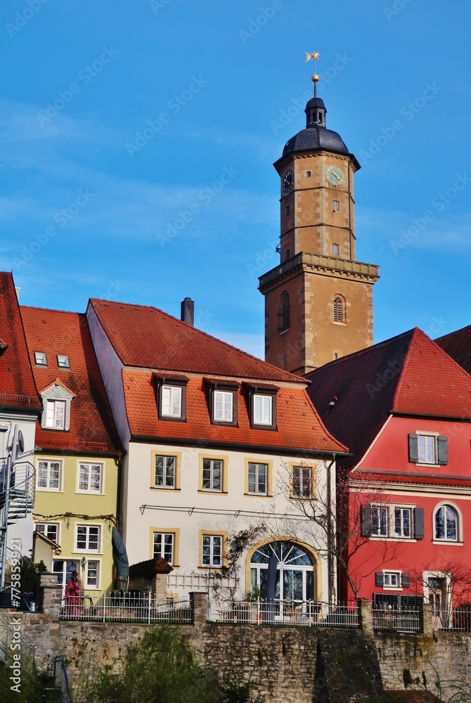 Fototapeta premium Volkach, Altstadt mit Turm der Stadtpfarrkirche