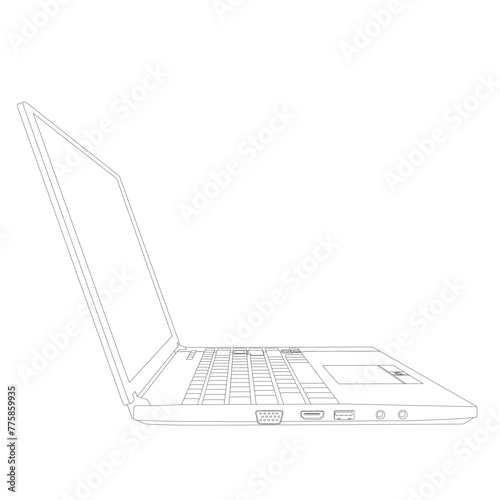 Contour of a laptop isolated on a white background. Vector illustration. 3D. Side view.