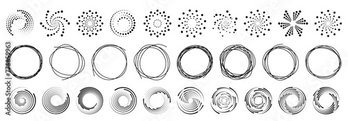 Dot circle pattern. Concentric vortex circles, circular ripple lines design. Dynamic abstract black spiral. White round dotted frames set isolated on black background.