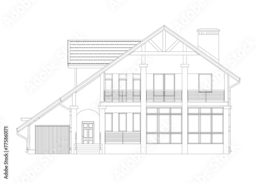 Outline suburban house model. Drawing of the modern building. Cottage project on white background. Vector blueprint.