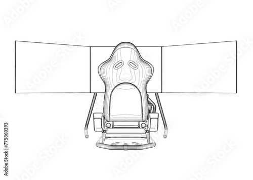 Electronic wheel technology for computer game, vector illustration. Race gaming simulator contour. Learn to drive with gaming wheel. Driving school, simulation driving lesson. Car racing video game