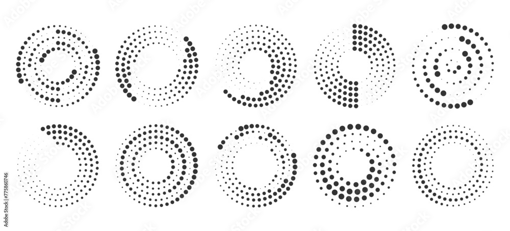 Big collection of round Logos. Circle dotted speed lines. Abstract round halftone circle frames, rotating dotted circle shapes. Vector PNG format.