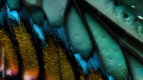 The detailed and vibrant design of a tropical butterfly wing highlights its iridescent qualities and fine features, forming a visually stunning texture.