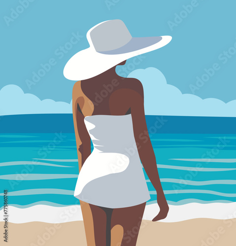Vector flat illustration summer. A woman in a white swimsuit dress and summer hat rests on the beach. Vector illustration in flat art style