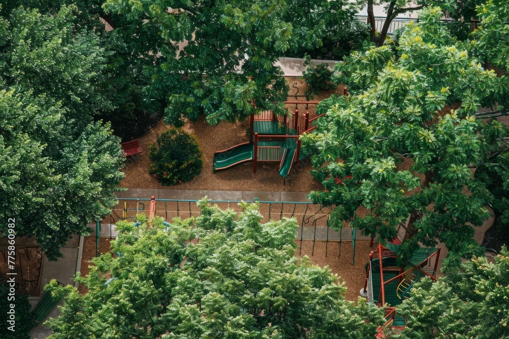 Aerial Shot of Children's Play Area Amidst Lush Greenery