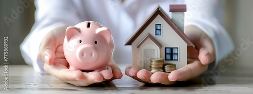 Saving Money for Home Concept with Piggy Bank and Model House
