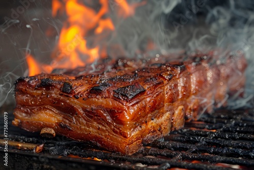 Juicy Pork Belly Sizzling on a Flaming Barbecue Grill