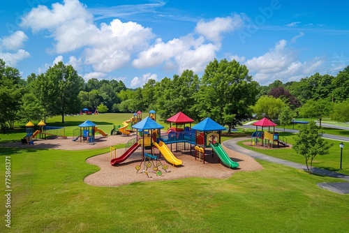 Colorful Playground in Summer, Aerial View