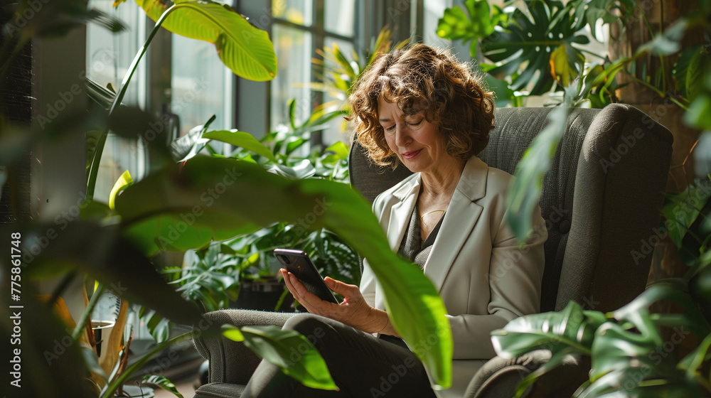 Obraz premium Focused middle-aged businesswoman uses mobile phone in modern office with bright green plants