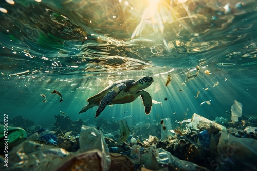 turtle swims underwater pollution garbage © Андрей Трубицын