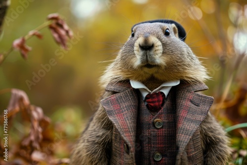 Distinguished Anthropomorphic marmot wearing aristocratic furry coat. Wild animal dressed in medieval cloak with fur. Generate ai photo