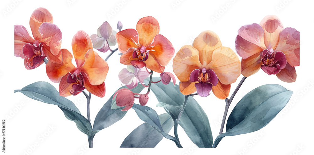 Watercolor decorative elements of orchids in various colors.