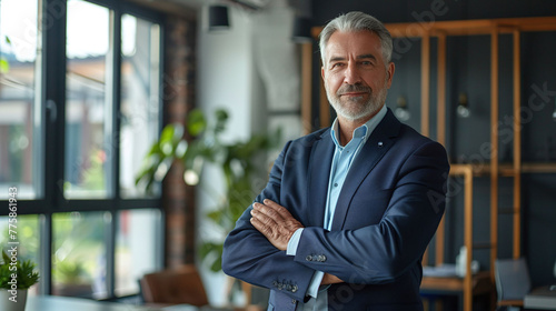 Successful Lawyer Portrait: Middle-Aged Professional Businessman, Confident CEO, Stands in Office, Arms Crossed, Looking at Camera