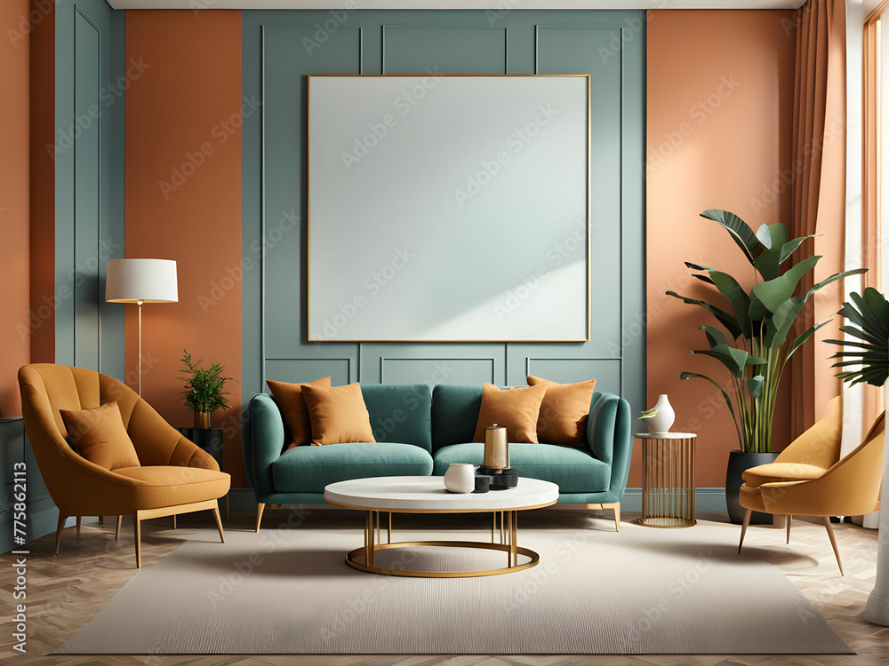Mock-up poster frame in modern interior background, living room, Art Deco style, 3D render, 3D illustration
