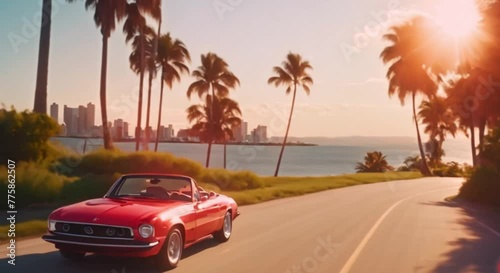3d view Red Cabrio sports car, sunrise, palm trees, 1980 retro style photo