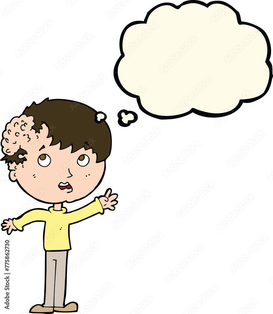 cartoon boy with growth on head with thought bubble cartoon boy with growth on head with thought bubble