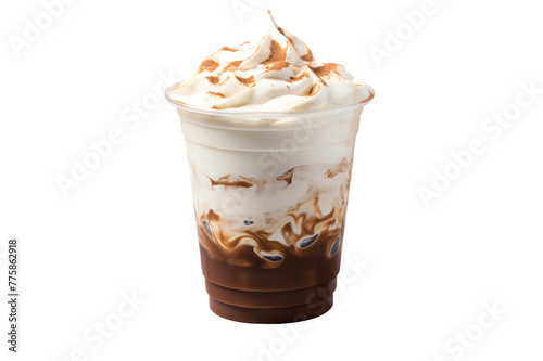 Cup of iced coffee and whipped cream in plastic cup isolated on transparent background