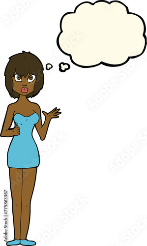 cartoon confused woman in cocktail dress with thought bubble