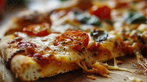 Close-Up Image of a Delicious Margherita Pizza with Golden Crust, Melted Cheese, and Fresh Toppings on a Wooden Background