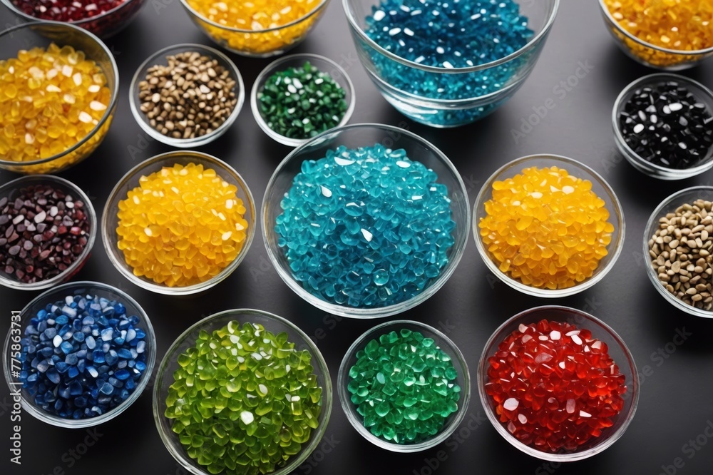 Colorful glass aggregates in bowls