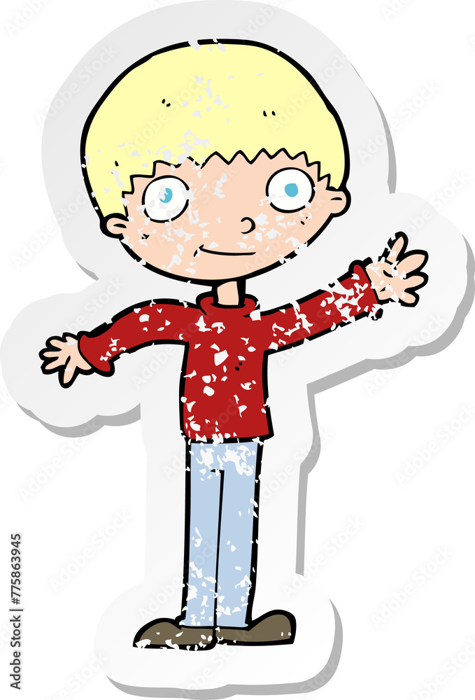 retro distressed sticker of a cartoon happy waving boy retro distressed sticker of a cartoon happy waving boy