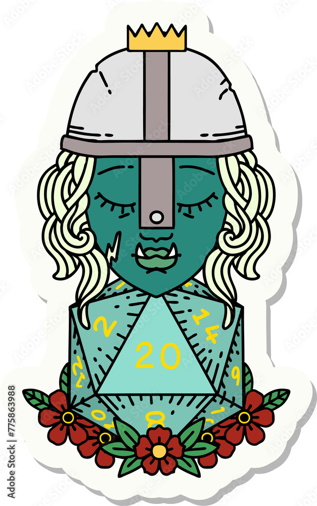 sticker of a orc fighter character with natural twenty dice roll sticker of a orc fighter character with natural twenty dice roll