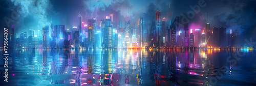 Smart city Futuristic technology internet and big data connection concept background banner A blurred city scene at night with double expoure. 