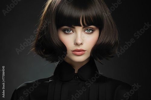 A model with a flawless and stylish haircut, wearing high-end fashion, photographed in a sleek and minimalist studio setting.