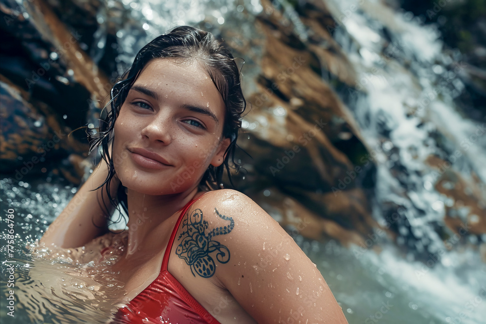 woman in a red bikini is smiling and posing in front of a waterfall. Concept of relaxation and enjoyment of the natural surroundings