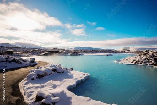 a tranquil geothermal pool amidst a snowy landscape, showcasing the contrasting beauty of nature’s elements