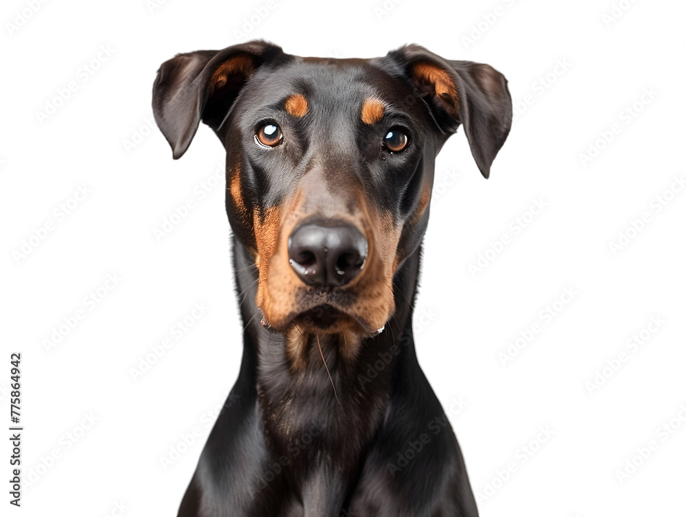 Dog doberman sitting in front of camera isolated on transparent background