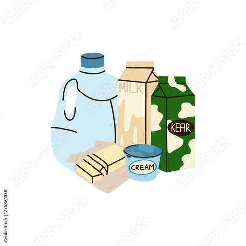 Dairy products set. Milk, kefir and yogurt in cardboard packaging containers, glass bottle. Different cheese, butter and cream. Organic farm healthy food. Vector cartoon flat isolated illustration