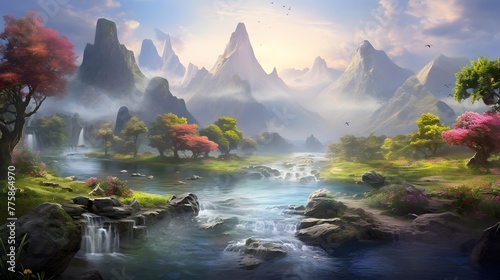 Fantasy Landscape with Mountain and Lake. Panoramic View.