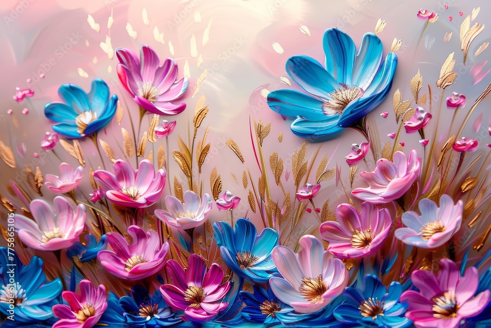 Flowering field painted with oil paints. Oil painting of splendid wildflowers bathed in the warm glow of a sunrise, alive with vivid colors and artistic vibrance Flowering field painted with oil paints. Oil painting of splendid wildflowers bathed in the warm glow of a sunrise, alive with vivid colors and artistic vibrance