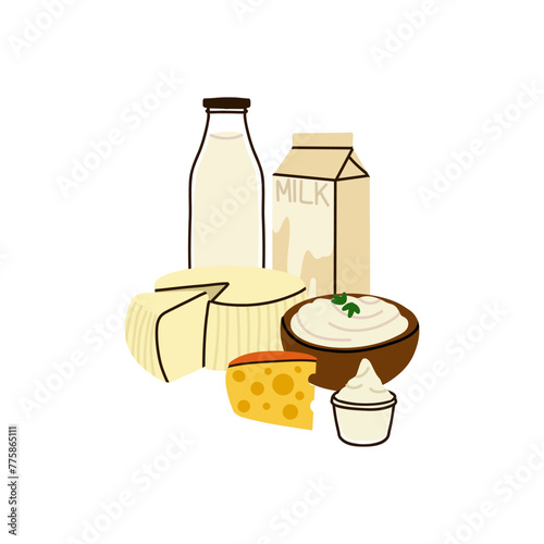 Dairy products set. Milk, kefir and yogurt, cardboard packaging containers, glass bottle. Different cheese, butter and cream. Organic farm healthy food. Vector cartoon flat isolated illustration