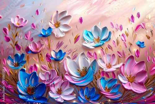 Flowering field painted with oil paints. Oil painting of splendid wildflowers bathed in the warm glow of a sunrise, alive with vivid colors and artistic vibrance