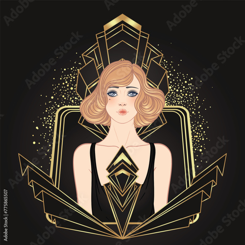 Art Deco vintage invitation template design with illustration of flapper girl...