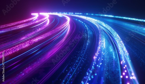 Abstract background with neon light lines in blue and purple colors photo