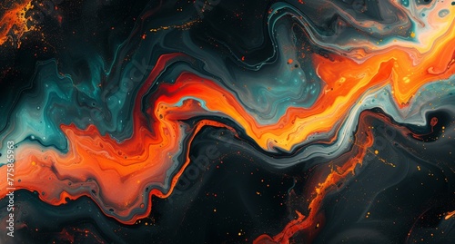 Vibrant Swirls of Orange, Blue, and Black Dancing on a Dark Canvas Abstract Painting Masterpiece