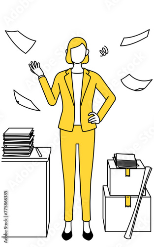 Simple line drawing illustration of a businesswoman in a suit who is fed up with his unorganized business.