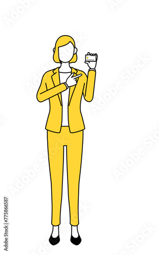 Simple line drawing illustration of a businesswoman in a suit recommending credit card payment.