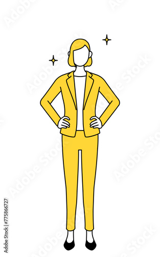 Simple line drawing illustration of a businesswoman in a suit with his hands on his hips.