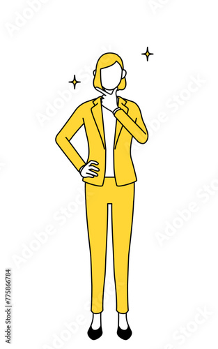 Simple line drawing illustration of a businesswoman in a suit in a confident pose.