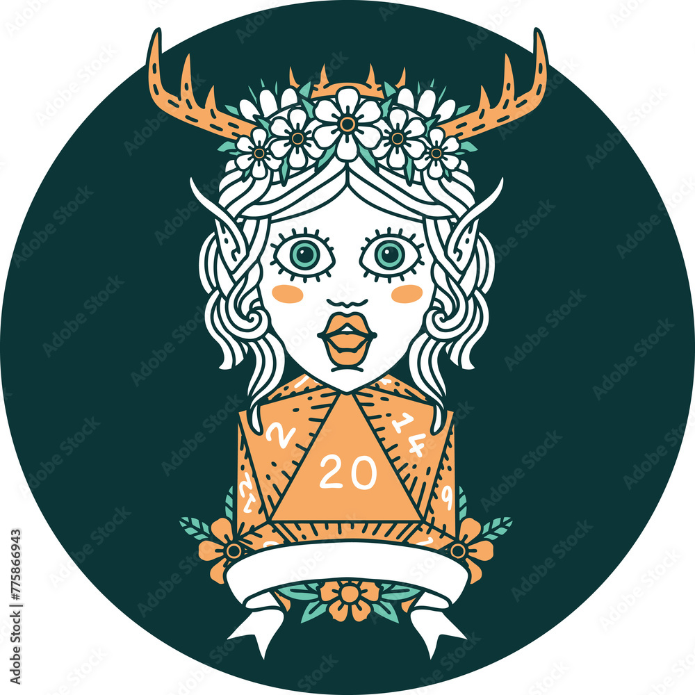 icon of elf druid character with natural 20 dice roll icon of elf druid character with natural 20 dice roll