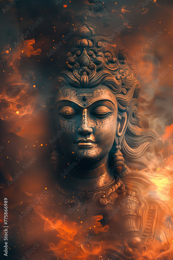 Mystical Buddha Amidst Fiery Cosmic Whirls