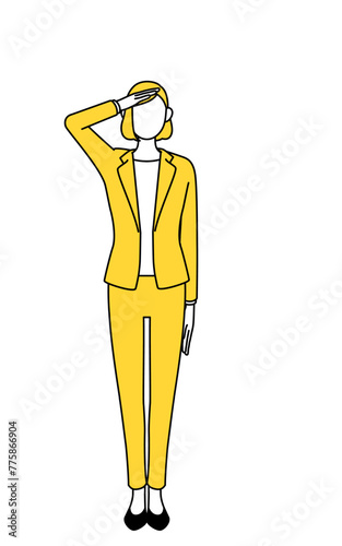 Simple line drawing illustration of a businesswoman in a suit making a salute.