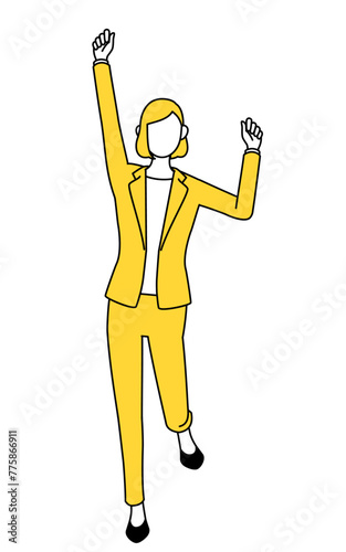 Simple line drawing illustration of a businesswoman in a suit smiling and jumping.
