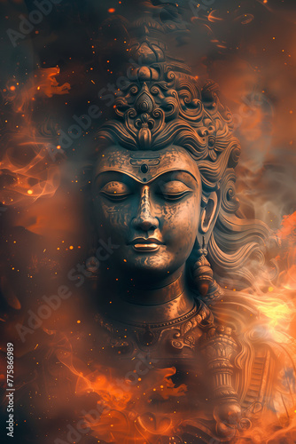 Mystical Buddha Amidst Fiery Cosmic Whirls